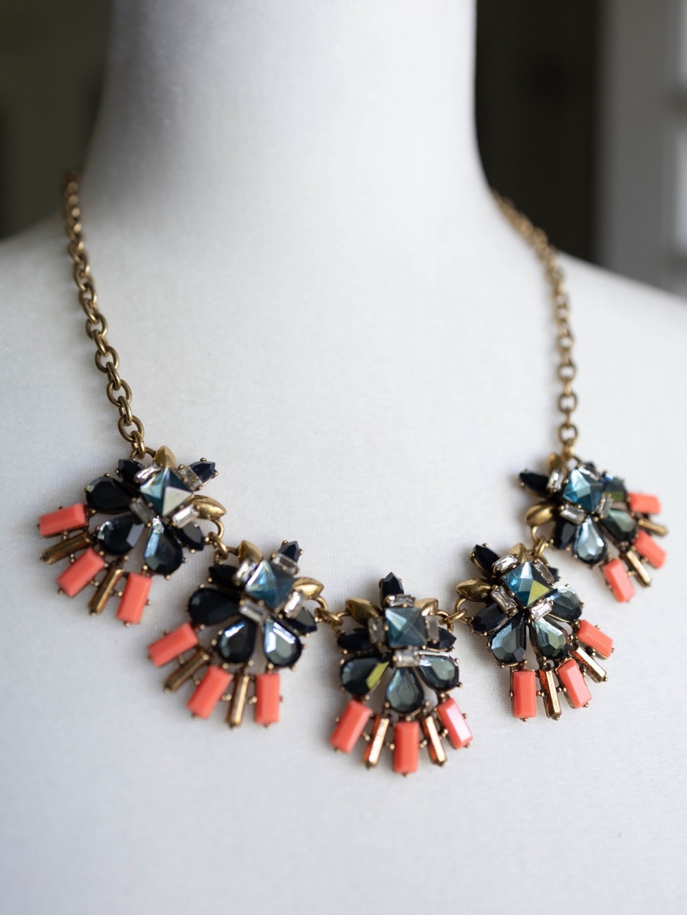 J. Crew Coral and Navy Crystal Cluster Necklace